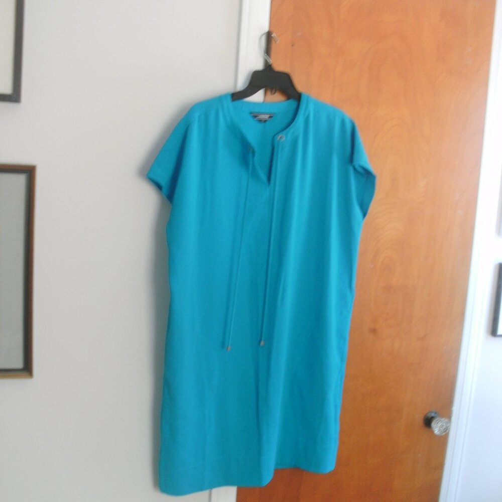 Lands End Blue Tunic Dress with Pockets Slit neck and Trapunto Collar size 12
